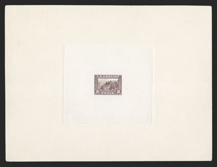 400TC1, 10c Panama-Pacific, large die trial color proof in Brown red on India, die sunk on full size 202x154mm card, with Bureau number 551276 handstamped in blue on back,
exceptionally fresh, extremely fine a very rare proof that is particular