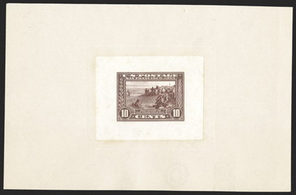 400TCP1, 10c Panama-Pacific large die trial proof in Brown red on wove, large full margins, mounted on 115x74mm thick paper, very fine and rare.