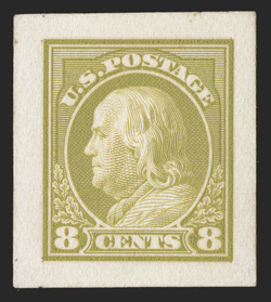 414P2a, 8c Olive green, Panama-Pacific small die proof on wove paper, full large margins, unusually fresh, without any of the toning that affects the vast majority of
Panama-Pacific proofs, extremely fine probably the finest of the three to