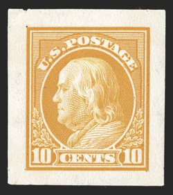 416P2a, 10c Orange yellow, Panama-Pacific small die proof on wove, large margins, bright color, a few tiny pinholes at top, otherwise very fine and rare.