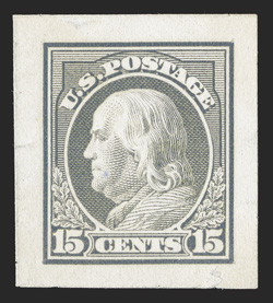 418P2, 15c Gray, small die proof on wove, large balanced margins, fresh color, a couple small margins faults, very fine appearance.