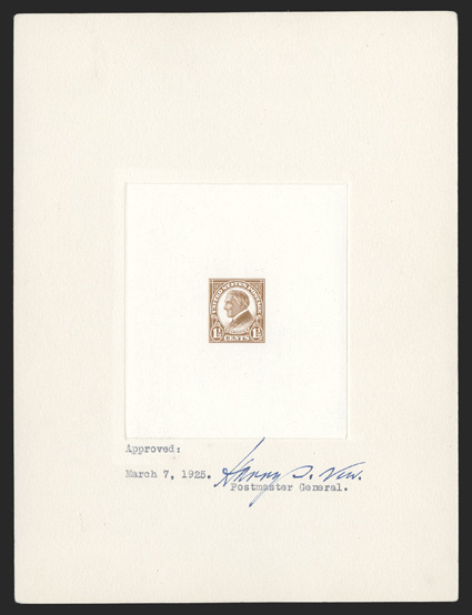 553P1, 1½c Yellow brown, large die proof on India, die sunk on 152x202mm card, an approved proof dated March 7, 1925 and signed by Harry S. New, Postmaster General, Bureau
number 1319864 on reverse, very fine this and similar large die proofs o