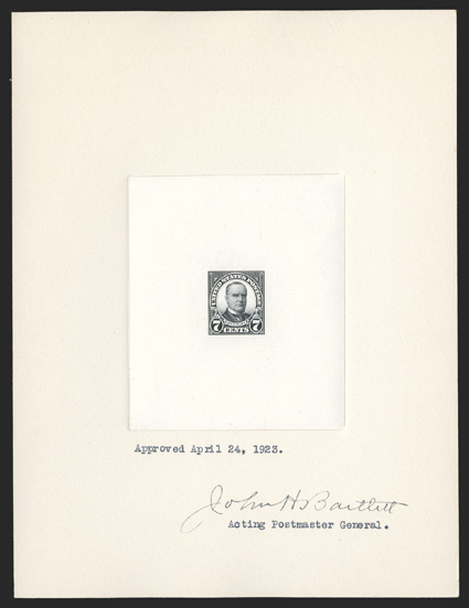559P1, 7c Black, large die proof on India, die sunk on 151x201mm card, an approved proof dated April 24, 1923 and signed by John H. Bartlett, Acting Postmaster General, Bureau
number 1215565 on reverse, very fine.