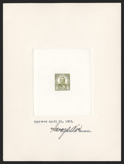 560P1, 8c Olive green, large die proof on India, die sunk on 151x203mm card, an approved proof dated April 10, 1923 and signed by Harry S. New, Postmaster General, Bureau
number 1212376 on reverse, very fine.