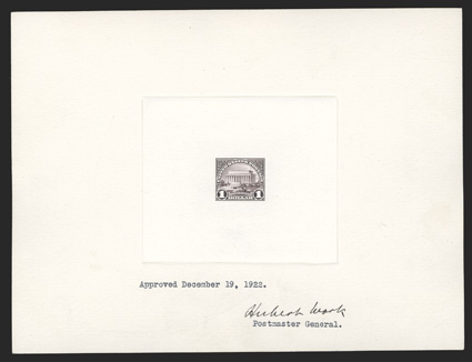 571P1, $1.00 Violet brown, large die proof on India, die sunk on 201x152mm card, an approved proof dated December 19, 1922 and signed by Herbert Work, Postmaster General,
Bureau number 1189544 on reverse, very fine.