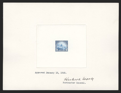 572P1, $2.00 Deep blue, large die proof on India, die sunk on 201x152mm card, an approved proof dated January 13, 1923 and signed by Herbert Work, Postmaster General, Bureau
number 1196463 on reverse, exceedingly bright and fresh, extremely fine