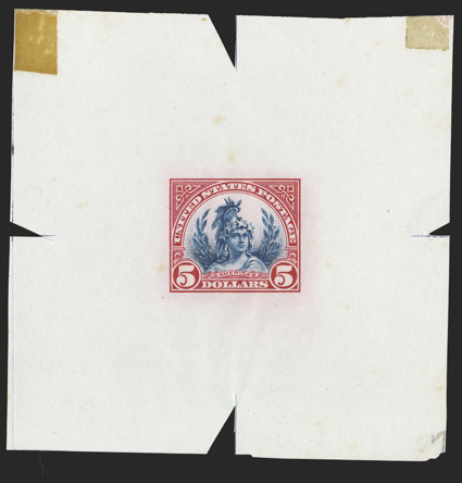 573P1, $5.00 Carmine and black, large die proof on stout wove paper, 74x74mm, this apparently was a working die, as there are two small tape stains in the top corner where the
tape was used to hold the proof in position, and there are registrati