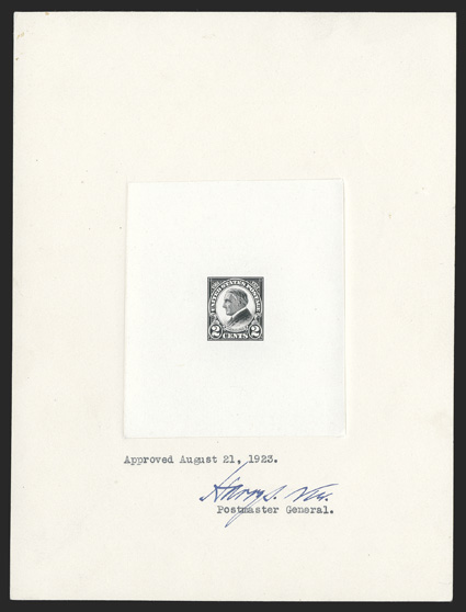 610P1, 2c Harding, large die proof on India, die sunk on 151x202mm card, an approved proof dated August 21, 1923 and signed by Harry S. New, Postmaster General, Bureau number
1234542 on reverse, very fine.