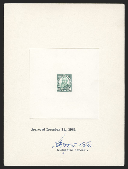 622P1a, 13c Green, large die proof on white wove, die sunk on 152x202mm card, an approved proof dated December 14, 1925 and signed by Harry S. New, Postmaster General, Bureau
number 1363183 on reverse, small surface scuff to the right of the die