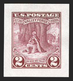 645P2, 2c Valley Forge, small die proof on white wove paper, brilliantly fresh, with vibrant color on bright paper, large margins all around, an extremely fine example of this
rarely seen proof.