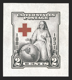 702P2, 2c Red Cross, small die proof on white wove paper, a handsome proof of this popular stamp of the Red Cross, very fresh, extremely fine a very rare and desirable small
die proof ex-Livingston.