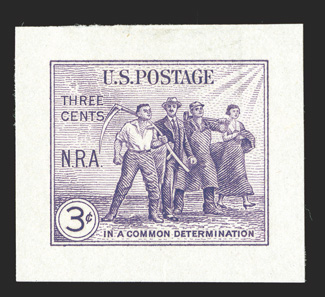 732P2, 3c National Recovery Act, small die proof on white wove paper, choice and rare proof with large margins and deep color on pristine white paper, extremely fine 1996 PF
certificate.