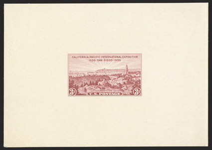 773TC1, 3c California Pacific Exposition, large die trial color proof in Orange red on yellow glazed card, measuring 101x71mm being a large portion of the die area, Bureau
handstamp on the reverse Engravers Stock ProofAuthorized by and initia