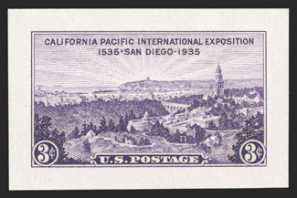 773P21, 3c California Pacific Exposition, small die proof on yellowish white wove paper, full large margins, intense deep color and attractive, very fresh, extremely fine a
rarely offered small die proof ex-Livingston.