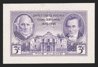 776P2, 3c Texas Centennial, small die proof on white wove paper, full margins, brilliantly fresh, extremely fine and choice a very rare proof, being one of the very few small
die proofs of this era that was missing in the Livingston collection