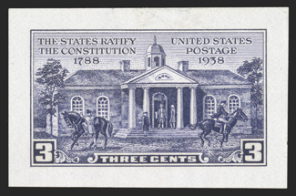 835P2, 3c Constitution, small die proof on wove paper, full large margins, beautifully fresh with strong color, tiny thin spot, very fine a very rare proof
ex-Livingston.