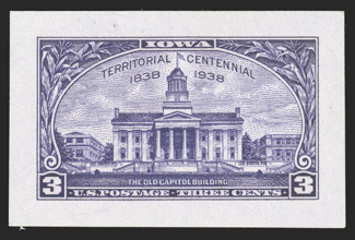 838P2, 3c Iowa Territory Centennial, small die proof on wove paper, a pristine proof with intense color, large balanced margins, extremely fine and rare
ex-Livingston.