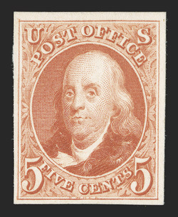 3TC-4TC, 5c and 10c Atlanta trial color plate proofs in Scarlet, full to large margins, bright colors, very fine.