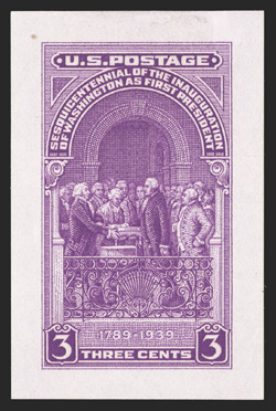 854P2, 3c Washington Inauguration, small die proof on wove paper, beautiful vibrant color, full margins, barest trace of a thin speck, very fine.