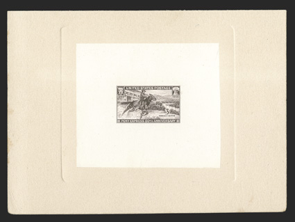 894TC1, 3c Pony Express, large die trial color proof in Dark brown on India, die sunk on card measuring 161x117mm, Bureau handstamp on the reverse reading Engravers Stock
ProofAuthorized by and initialed, bright India paper and strong dark c
