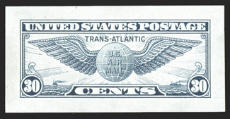 C24P2, 30c Dull blue small die proof on wove, full large margins, bright fresh color, minute tear in the right margin, very fine we believe this to be the finest of the three
recorded copies, as one has a thin and the other has toning.