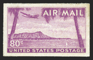 C46P2, 80c Hawaii air post, small die proof, full margins, deep color, tiny margin tear and faint bit of toning at top right, overall very fine this is the first example of
this proof we have ever seen, let alone offered in our auctions an