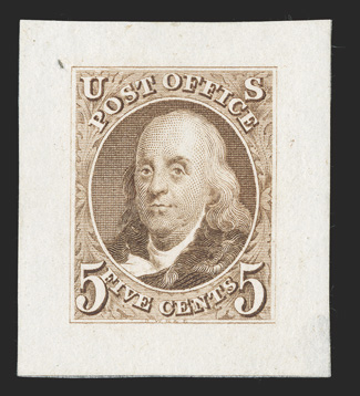 3P2-4P2, 5c and 10c 1847 Reproductions, small die proofs on India cplt., both with full complete margins, bright colors, each with a small thin probably as a result of removing
them from the Roosevelt pages, very fine appearance