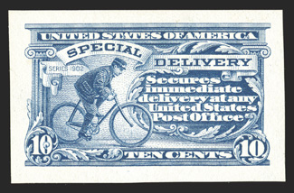 E6P2, 10c Ultramarine special delivery, small die proof on wove, marvelously bright and fresh, large margins, very fine 1997 PF certificate.