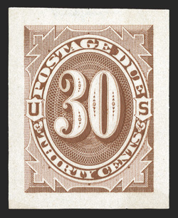 J1P2a-J7P2a, 1c-50c Brown postage dues, Panama-Pacific small die proofs on yellowish wove cplt, large margins except 50c cut irregular at top left, some very mild toning as
usual, 1c with small light crease, 3c with trivial translucent spot, v
