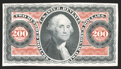 R102TC, $200.00 U.S.I.R. Black and red trial color proof on card, a beautiful example of this exceedingly rare trial color proof, large margins all around, marvelously bright
and fresh, just a faint hint of a hinge thin, otherwise very fine and