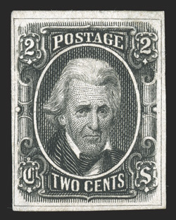 8TC1a, 2c Black trial color die proof on wove, stamp size, superbly detailed impression, light corner thin and a small internal tear at bottom left, very fine appearance an
extraordinarily rare Confederates States trial color proof ex-Burrow
