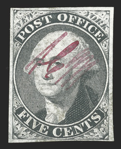 9X1a, New York, N.Y. 5c Black Postmaster Provisional, signed ACM, AC connected, position 11, an exceedingly rare mint single, with full to large margins all around, crisp
impression, virtually full original gum very fine only about ten or