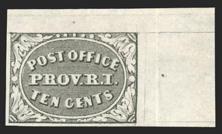 10X2, Providence, R.I., 10c Gray black Postmaster Provisional, position 3, being the top right position with full sheet selvage, fresh color and a detailed impression, full
original gum, mild h.r., extremely fine a highly select copy of this ra