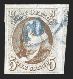 1, 5c Red brown, four large to huge margins including a significant portion of the adjoining stamp at right, attractive color, blue c.d.s. cancel showing integral 10, extremely
fine 1981 PF certificate.
