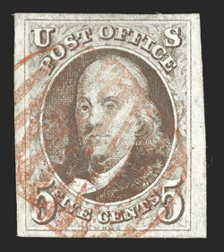 1, 5c Red brown, handsome used single, with large to extra-large margins all around, strong color and impression, light red grid cancel, extremely fine 1989 PF
certificate.