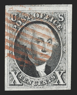 2, 10c Black, a highly desirable used example that possesses four very large margins, strong color and a well incised impression, neat red grid cancel, extremely fine a
wonderfully choice stamp 1988 PF certificate.
