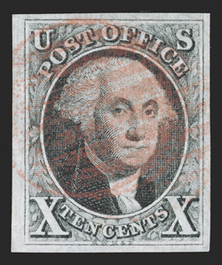 2, 10c Black, position 90L, four large margins, crisp impression on fresh paper, red grid cancel, extremely fine 1974 and 1991 PF certificates.