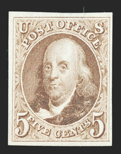 3, 5c Red brown reproduction, without gum as issued, full margins, bright color, choice very fine 1989 PF certificate.