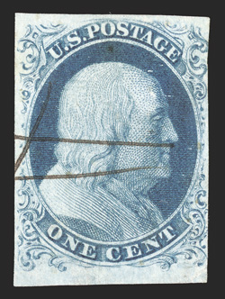 6b, 1c Blue, Ty. Ic, position 96R4, three full to large margins, just touching the design at right, rich color and an unusually strong impression, light ms. cancel, very fine
signed and plated by Ashbrook, as well as accompanied by a 1991 PF ce