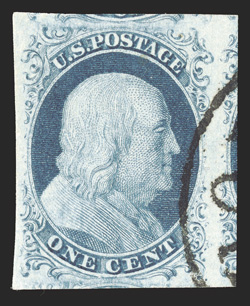 7, 1c Blue, Ty. II, a superb used example, featuring huge margins all around including generous portions of the adjoining stamps on three sides, brilliantly rich color and a
sharp impression on bright white paper, face-free town cancel, extremel