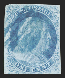 7 var., 1c Blue, Ty. II, double transfer, one inverted, position 71L1E, full margins, rich color, blue grid cancel, very fine an elusive plate variety, this copy has resided in
several important 1851 One Cent Blue collections 1987 PF certi
