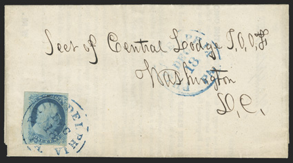 8A, 1c Blue, Ty. IIIa, handsome single, being position 51R1E, with ample to large margins including the sheet margin at left, bright color, neatly tied by a Philadelphia blue
c.d.s. on 1851 printed folded letter to Washington, very fine a choic