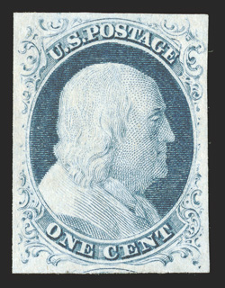 9, 1c Blue, Ty. IV, an especially appealing mint single, with large and well balanced margins all around, impressively rich color and a well defined impression on pristine
paper, full original gum, an extremely fine gem 1991 PF certificate.