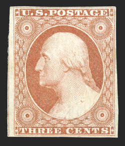 10A, 3c Orange brown, Ty. II, ample to large margins all around, strong rich color and a clean impression, full original gum, very fine a highly collectable example of this
scarce mint stamp 1989 PF certificate.