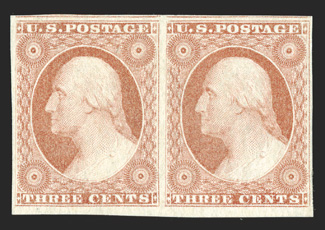 11, 3c Dull red, Ty. I, horizontal pair, large margins all around including an extra-large bottom sheet margin, bright color, full o.g., extremely fine 1987 PF
certificate.