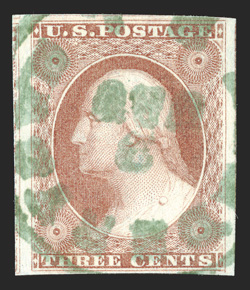 11 var., 3c Claret, Ty. I, four large to very large margins, bright Claret color that the accompanying certificate describes as rose claret and ascribes it the old Scott
designation of 11a, cancelled by a green c.d.s. of Bordentown, N.J.,