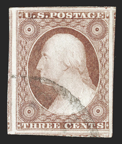 11A var., 3c Claret, Ty. II, extra vertical line outside left frame, a superb example featuring four extraordinarily large margins showing portions of the adjoining stamps on
all four sides, rich color in the scarce Claret shade, unobtrusive c.d