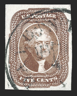 12, 5c Red brown, an outstanding used example which features numerous impressive physical attributes, the most desirable being this stamps huge margins all around, in addition
its color is extraordinarily rich and its impression well etched sho