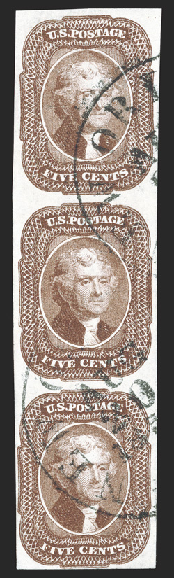 12, 5c Red brown, a rare used vertical strip of three, large margins nearly all around, lovely rich color and a crisp clean impression, light New Orleans c.d.s. cancels, very
fine-extremely fine 1982 and 1992 PF certificates.