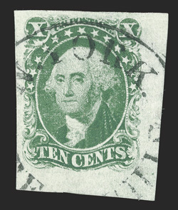 13, 10c Green, Ty. I, an absolutely spectacular used single, being position 100R1, displaying the double transfer, huge margins including sheet margins at right and bottom,
rich luxuriant color and a highly detailed impression, neat c.d.s. p